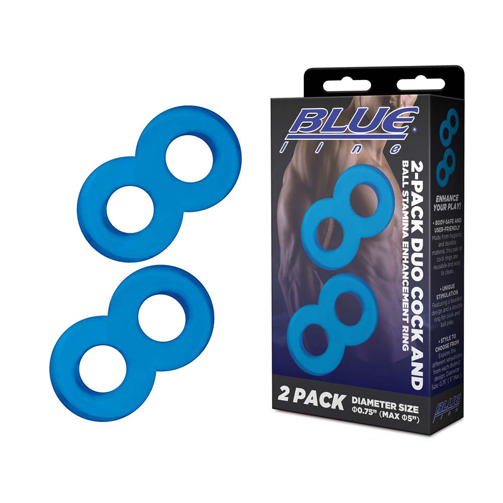 Packaging of the Blue Line 2-Pack Duo Cock And Ball Stamina Enhancement Ring