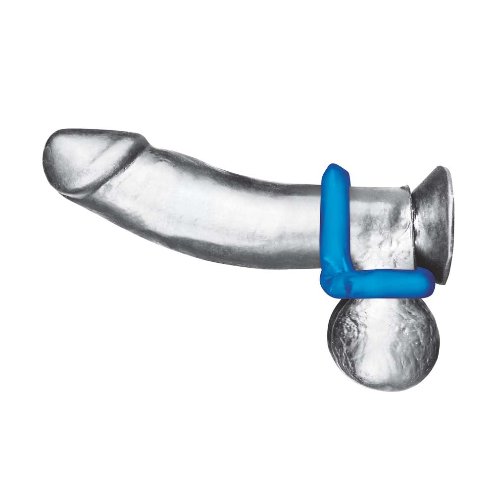 Dildo wearing the Blue Line 2-Pack Duo Cock And Ball Stamina Enhancement Ring