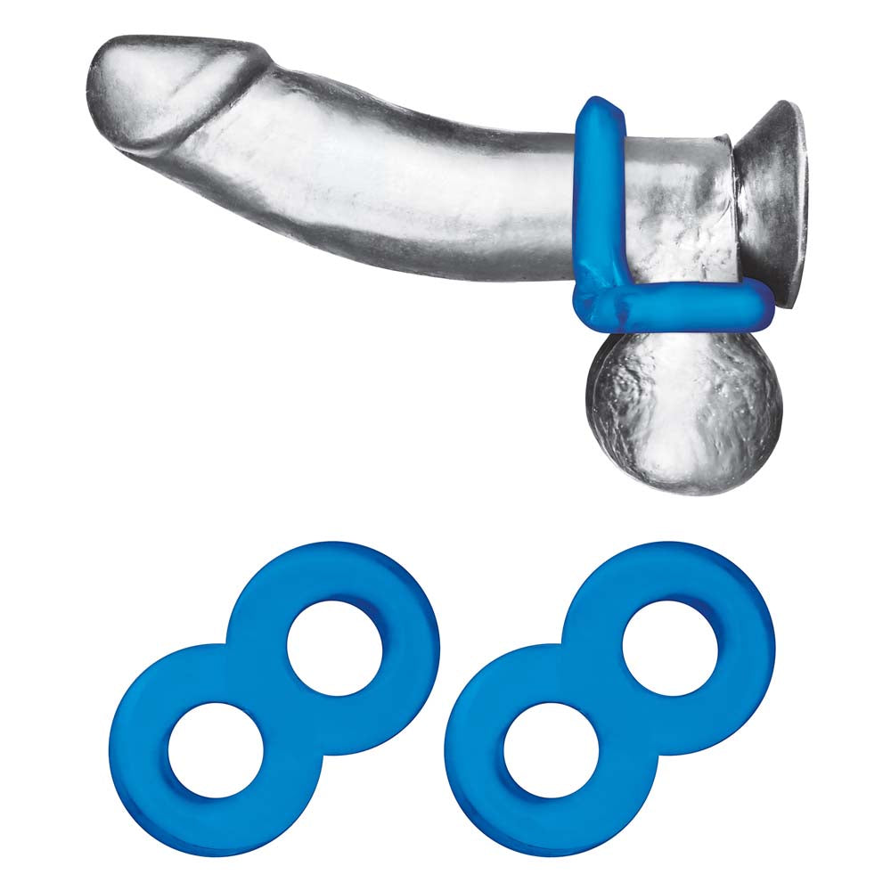 Horizontal view of dildo wearing the Blue Line 2-Pack Duo Cock And Ball Stamina Enhancement Ring