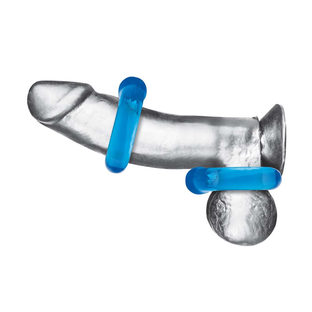 Dildo wearing the Blue Line 2-Pack Ultra-Stretch Stamina Endurance Ring