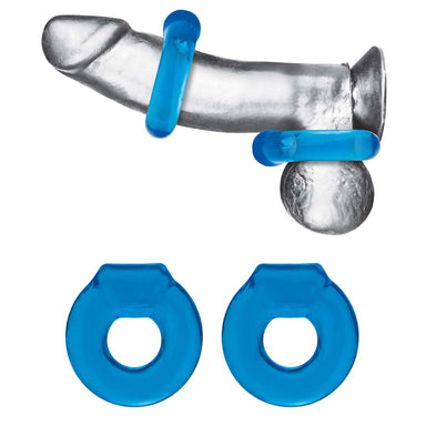 Horizontal view of dildo wearing the Blue Line 2-Pack Ultra-Stretch Stamina Endurance Ring