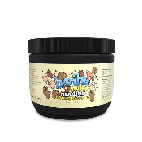 Jar of b-Vibe Butta Handjob lubricant on a white background