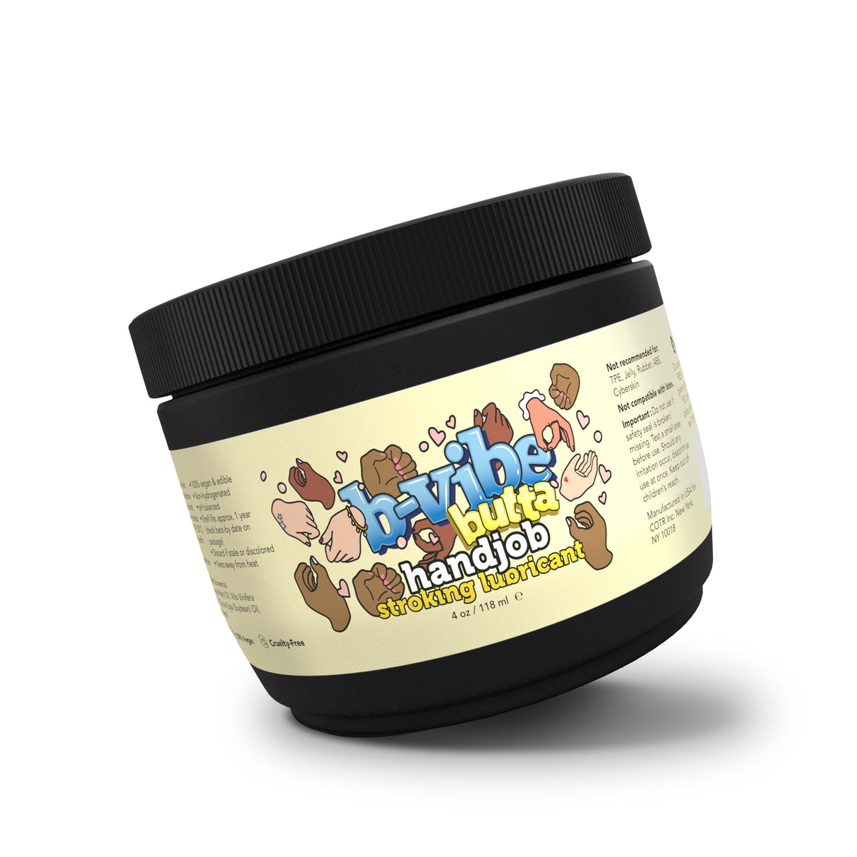 Jar of 'b-vibe butta handjob' lubricant on a white background