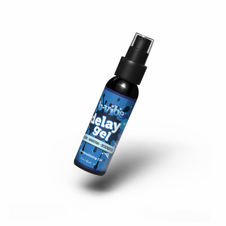 Bottle of b-vibe desensitizing delay gel with blue label on a white background