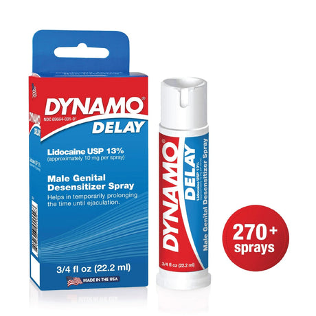 Dynamo Delay spray packaging with blue and red design on a white background and a red circle with text '270+ sprays'