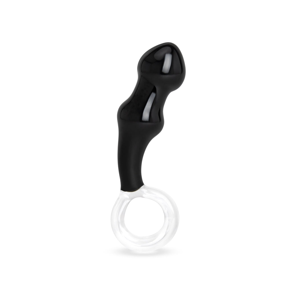 Gläs 6" Curved Black Bulbous Beaded Butt Plug with Clear Ring