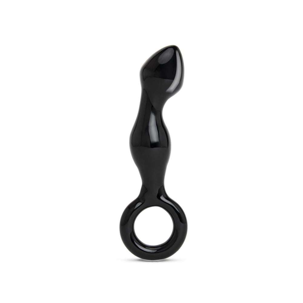Gläs 6.5" Curved Black Beaded Butt Plug with Ring