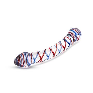Gläs 7.5" Blue & Red Striped Double Ended Curved Glass Dildo
