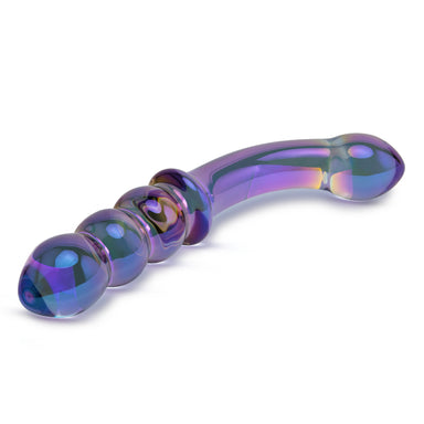 Iridescent Chrome Double Ended Bent Glass Dildo with Anal Beads