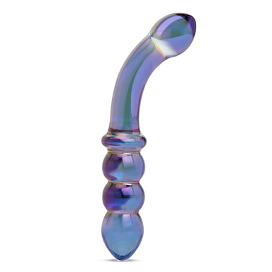Iridescent Chrome Double Ended Bent Glass Dildo with Anal Beads