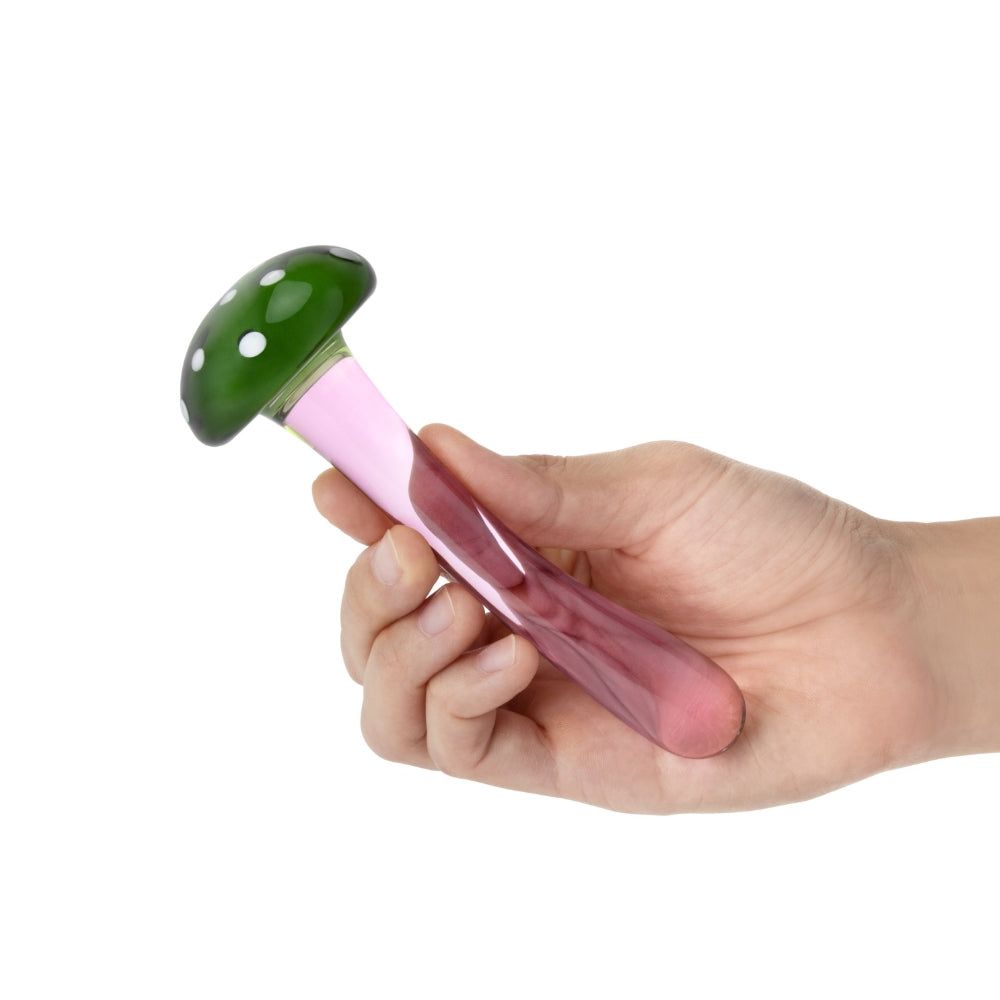 Model holding the Gläs 5.25" Mushroom Dildo side view