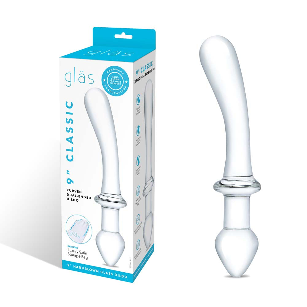Packaging of the Gläs 9" Classic Curved Dual-Ended Dildo