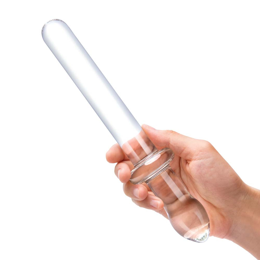 Model holding the Gläs 9.25" Classic Smooth Dual-Ended Dildo