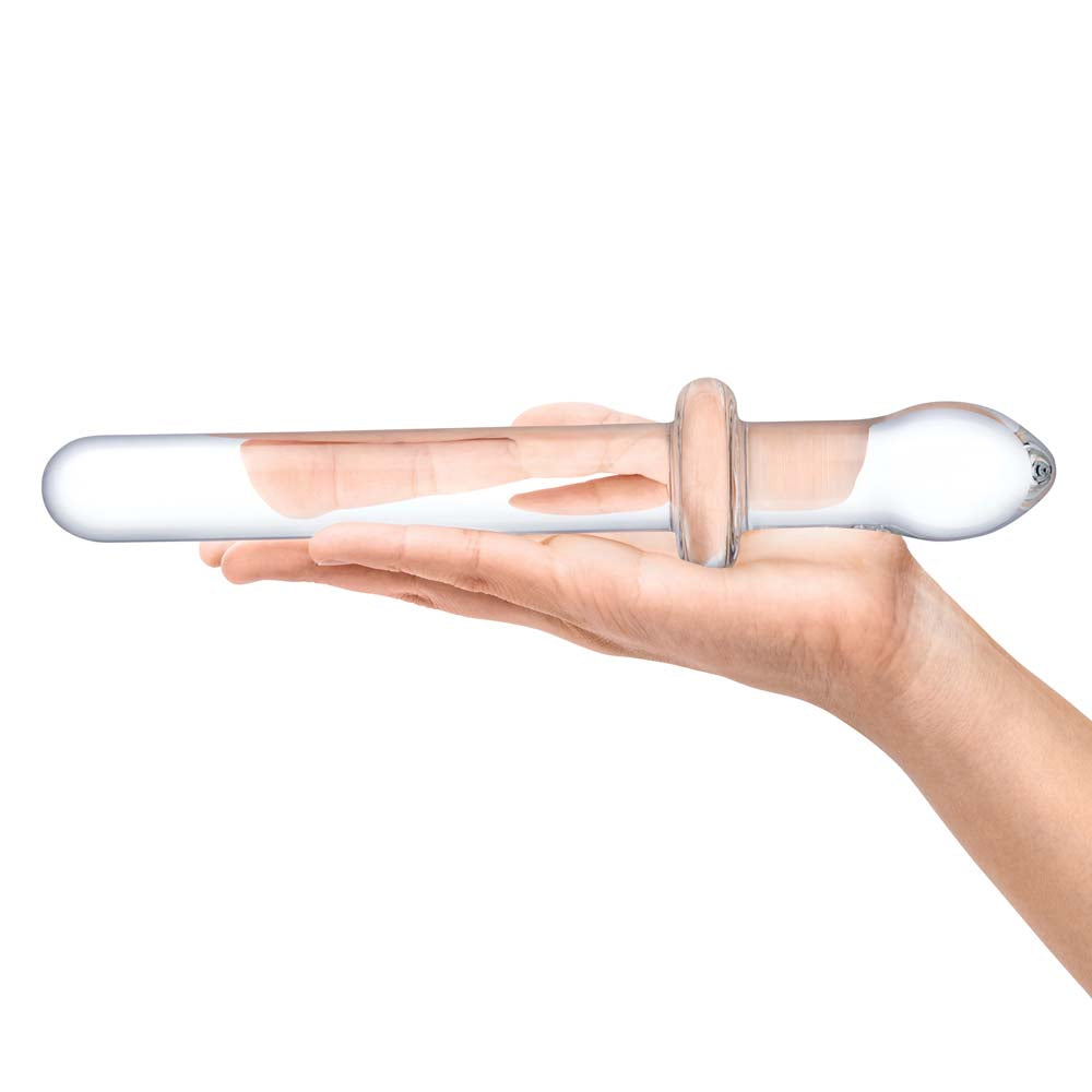 Horizontal view of model holding the Gläs 9.25" Classic Smooth Dual-Ended Dildo
