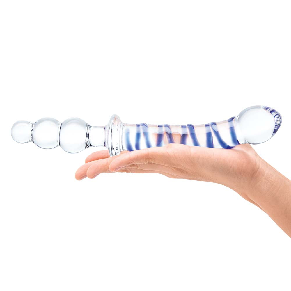 Horizontal view of model holding the Gläs 10" Twister Dual-Ended Dildo