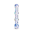 Glass dildo accessory with blue and white pattern on a white background

