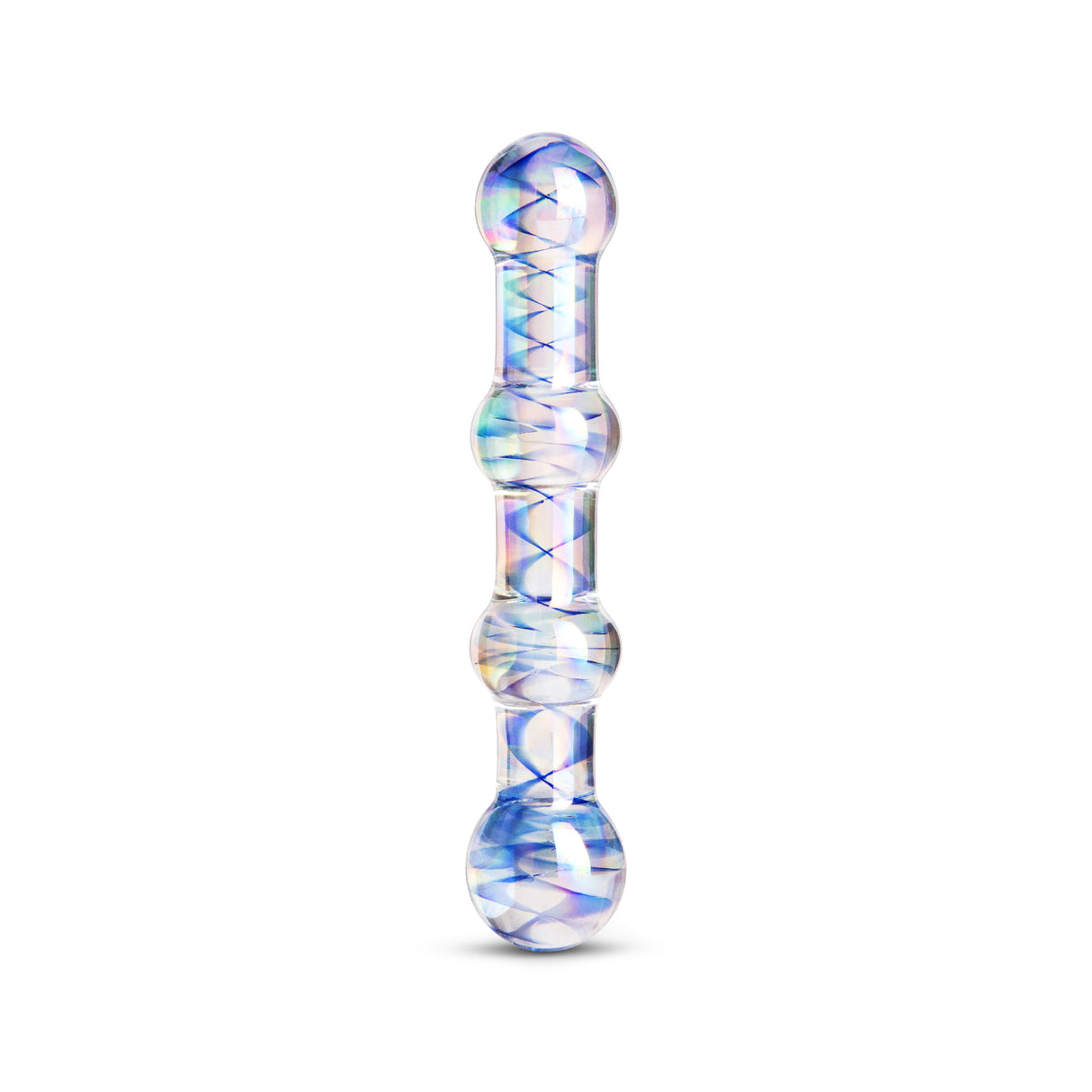 Glass dildo accessory with blue and white pattern on a white background

