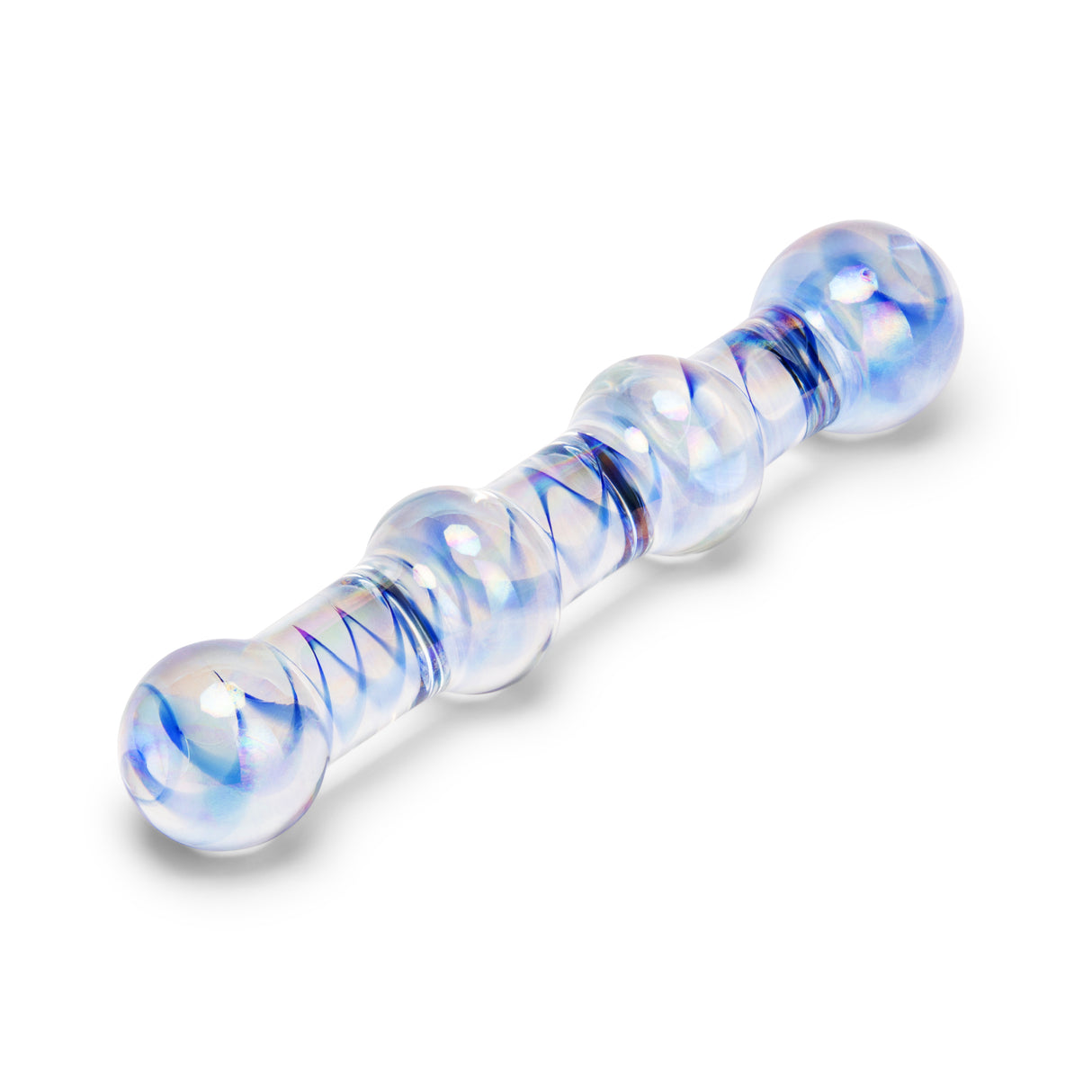 Glass dildo with blue and white swirl pattern on a white background