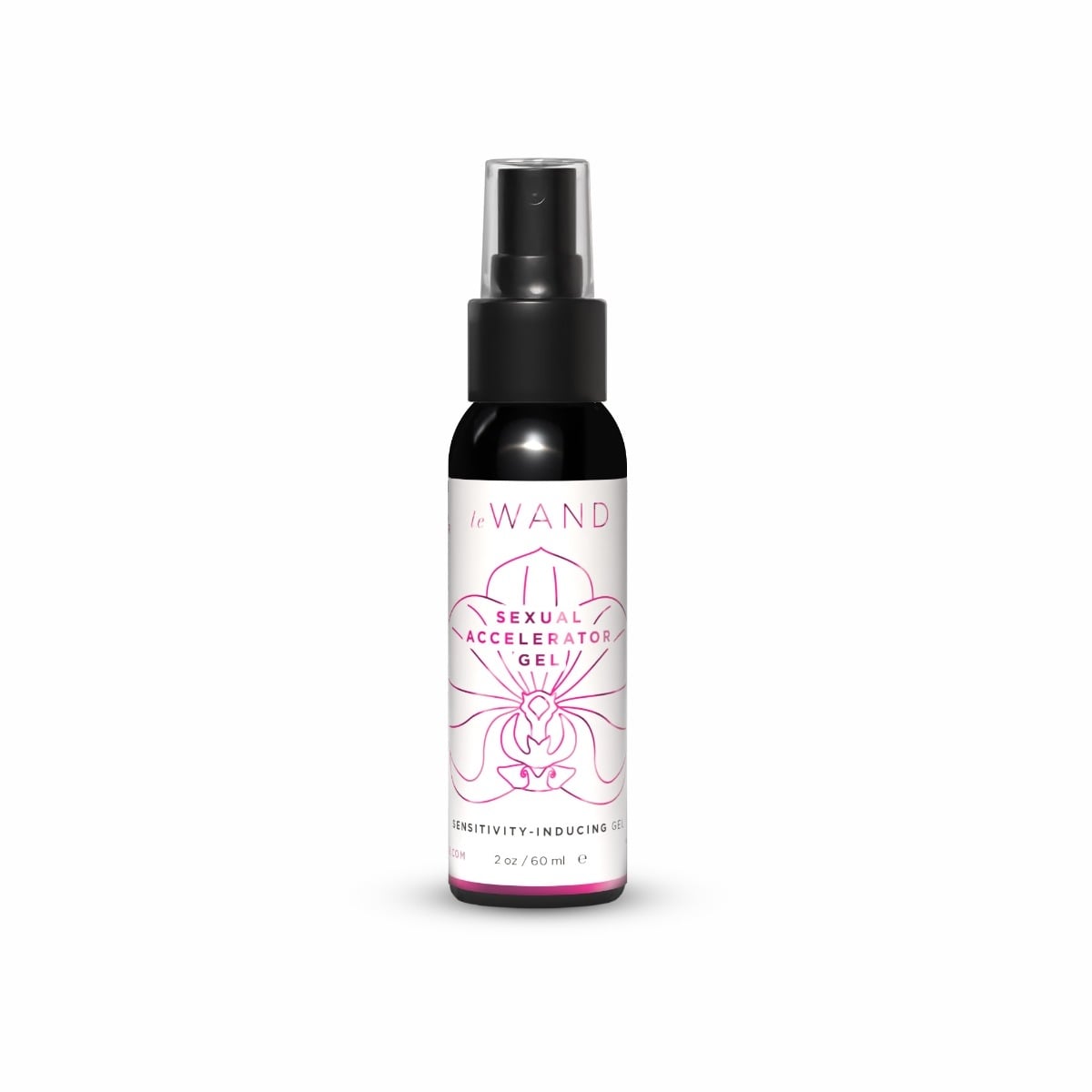 Black spray bottle labeled 'LE WAND Sexual Accelerator Gel' on a white background