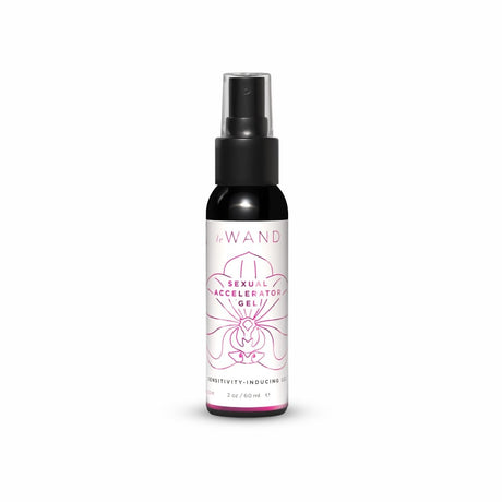 Black spray bottle labeled 'LE WAND Sexual Accelerator Gel' on a white background