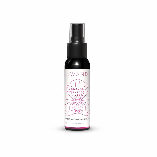Black spray bottle labeled 'LE WAND Sexual Accelerator Gel' on a white background
