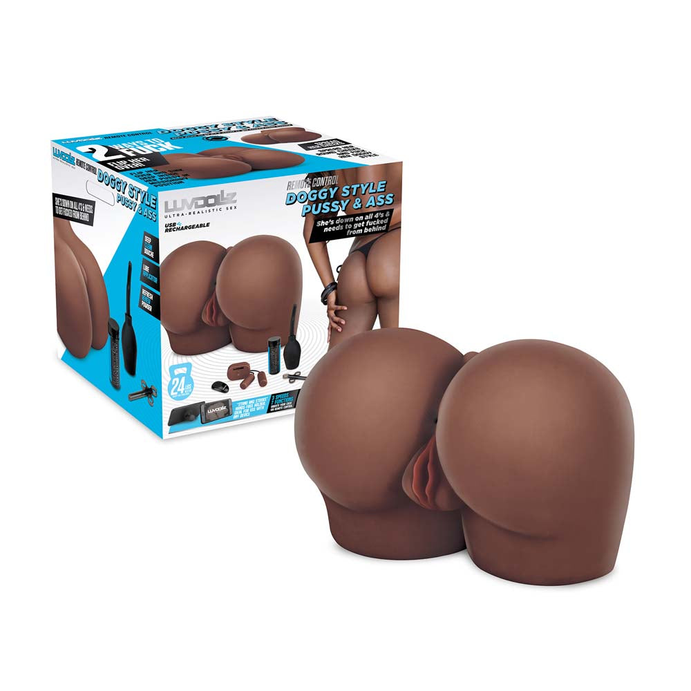 Packaging of the Luvdollz Remote Control Doggy Style Pussy & Ass in mocha color