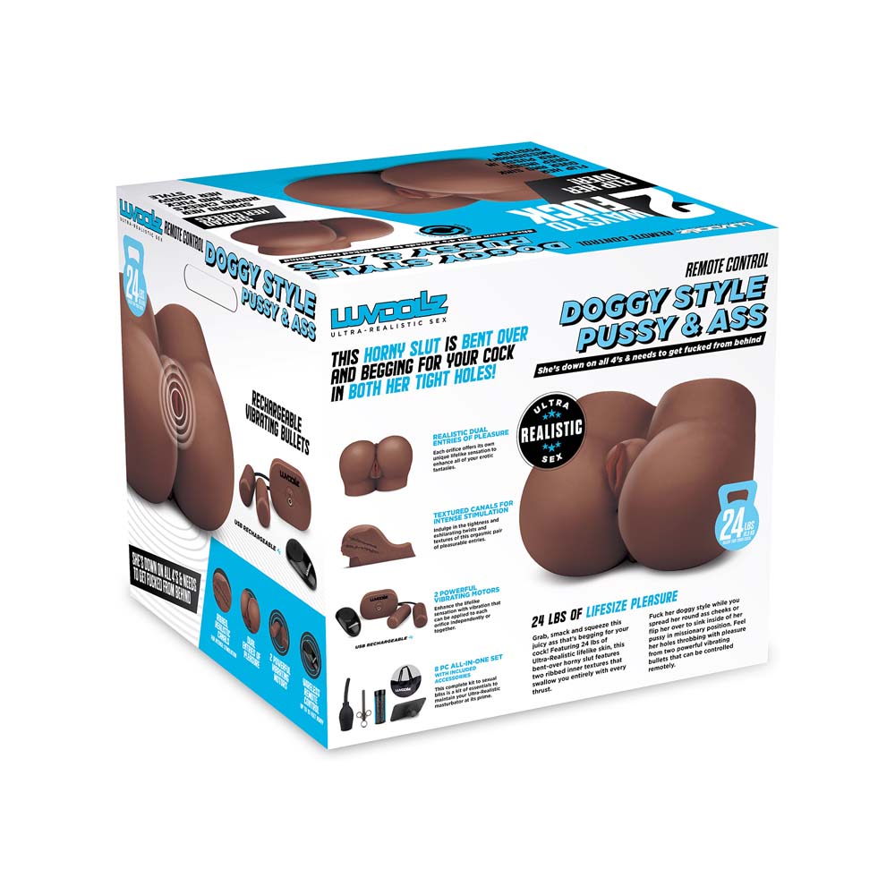 Back view of the packaging of the Luvdollz Remote Control Doggy Style Pussy & Ass in mocha color