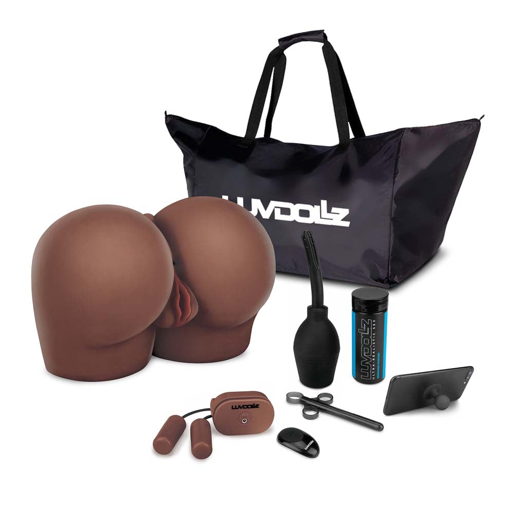 The realistic masturbator, enema bulb, lube injecter, powder, phone stand, vibrating bullets, and the remote control as part of the Luvdollz Remote Control Doggy Style Pussy & Ass in mocha color