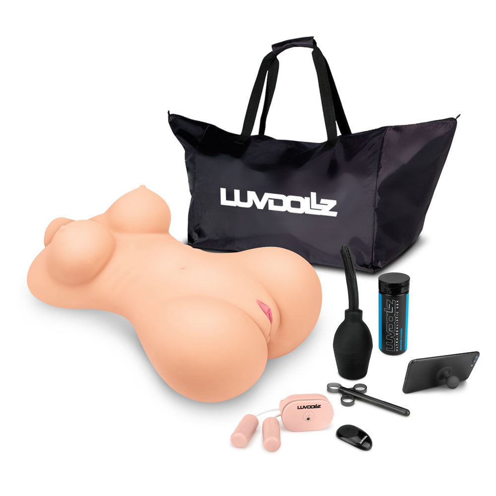 The realistic masturbator, enema bulb, lube injecter, powder, phone stand, vibrating bullets, and the remote control as part of the Luvdollz Remote Control Fuck Buddy in flesh color