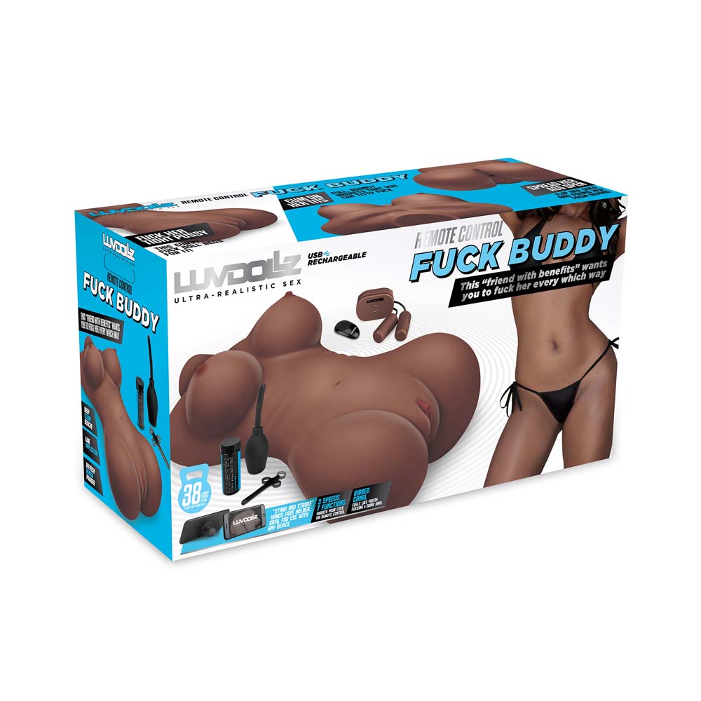 Front view of the packaging of the Luvdollz Remote Control Fuck Buddy in mocha color