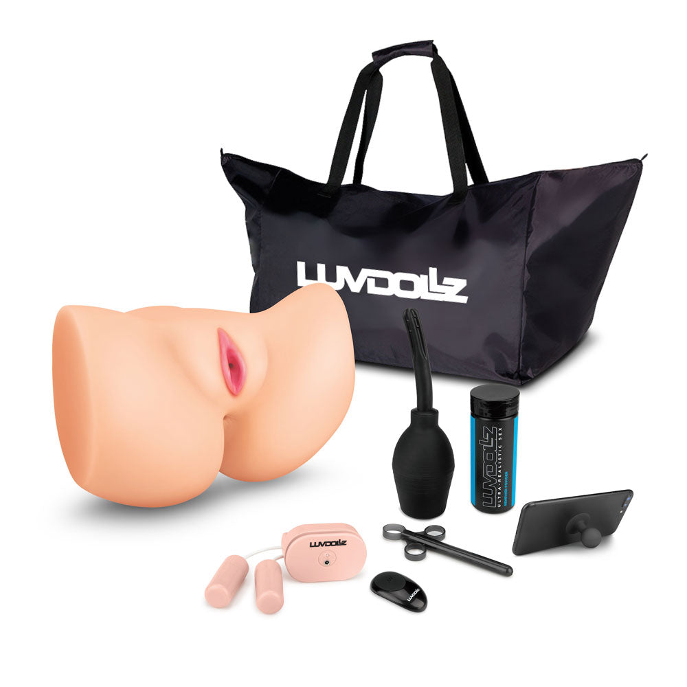 The realistic masturbator, enema bulb, lube injecter, powder, phone stand, vibrating bullets, and the remote control as part of the Luvdollz Remote Control Spread Eagle Pussy & Ass in flesh color
