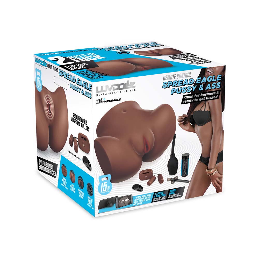 Front view of the packaging of the Luvdollz Remote Control Spread Eagle Pussy & Ass in mocha color