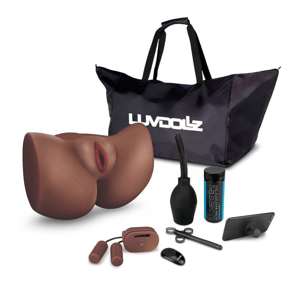 The realistic masturbator, enema bulb, lube injecter, powder, phone stand, vibrating bullets, and the remote control as part of the Luvdollz Remote Control Spread Eagle Pussy & Ass in mocha color
