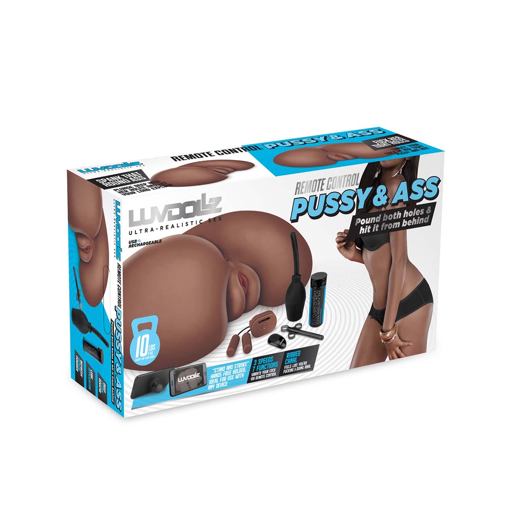Front view of the packaging of the Luvdollz Remote Control Vibrating Butt in mocha color