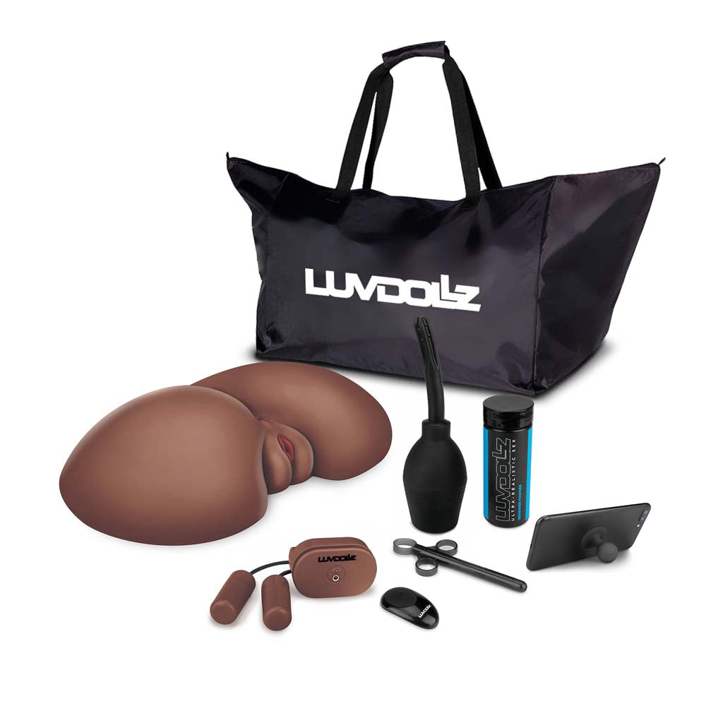 The realistic masturbator, enema bulb, lube injecter, powder, phone stand, vibrating bullets, and the remote control as part of the Luvdollz Remote Control Vibrating Butt in mocha color