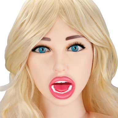 Close up view of the face of the Luvdollz Remote Controlled Life-Size Blonde Blow Up Blowjob Doll
