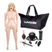 Blow up doll, bag, enema bulb, inflatable pump, powder, vibrating remote control and the lube injector as part of the Luvdollz Remote Controlled Life-Size Blonde Blow Up Blowjob Doll