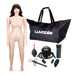 Blow up doll, bag, enema bulb, inflatable pump, powder, vibrating remote control and the lube injector as part of the Luvdollz Remote Controlled Life-Size Brunette Blow Up Doll