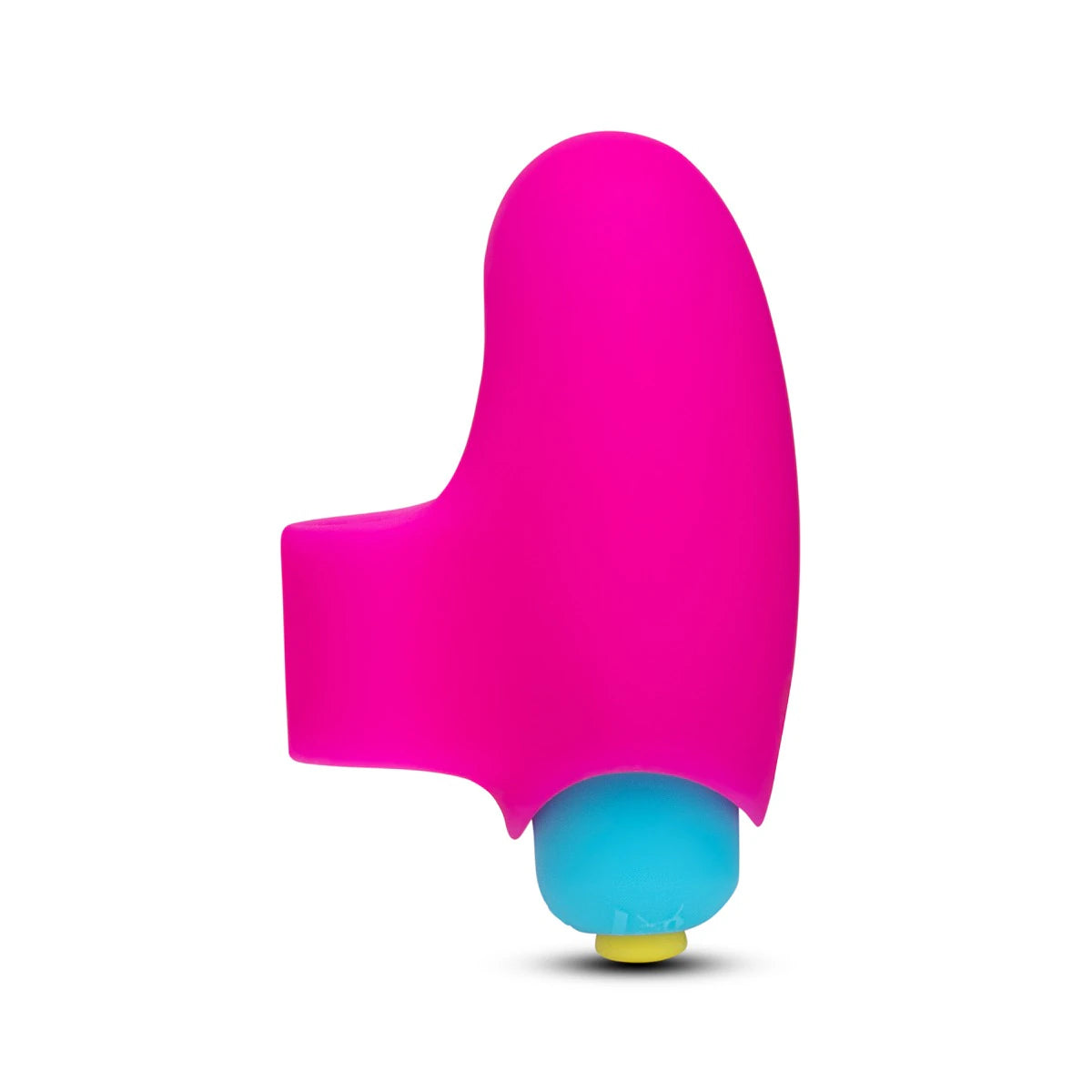 Blue mini finger vibrator displayed in a hot pink travel case.