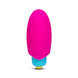 Blue mini finger vibrator displayed in a hot pink travel case.