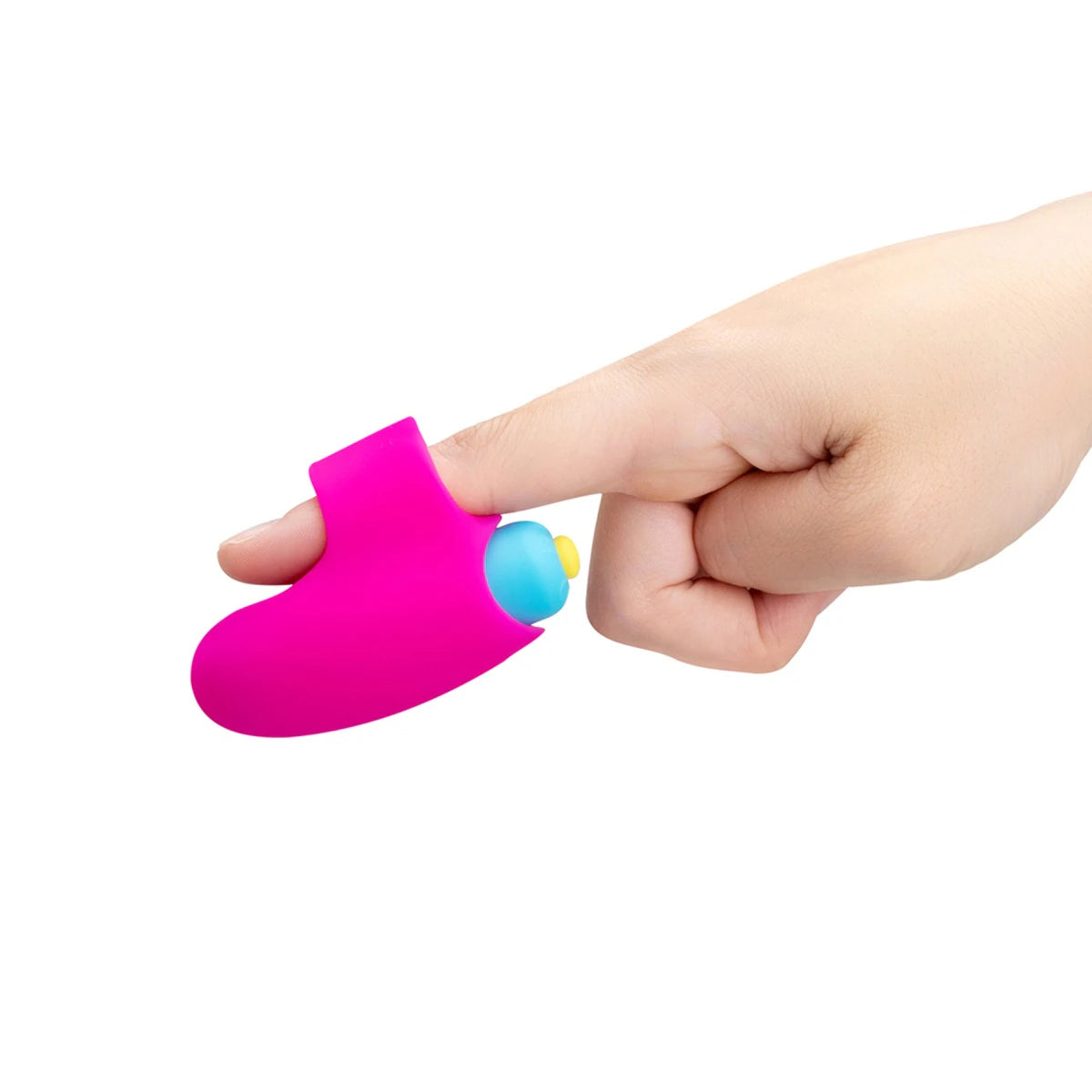 Hand wearing the mini finger vibrator to show fit and scale.

