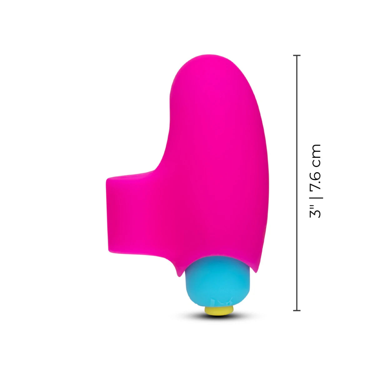 Pink and blue finger vibrator with measurement label on a white background