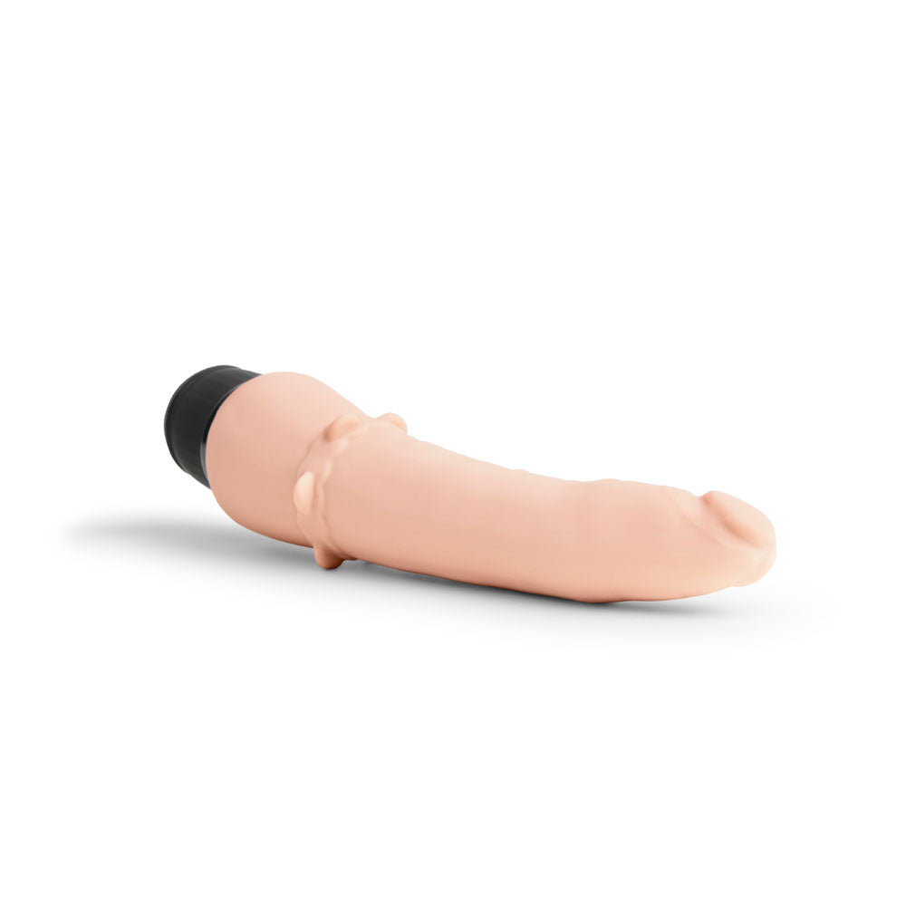 Horizontal back view of the Powercocks 7" Slim Anal Realistic Vibrator in Nude color