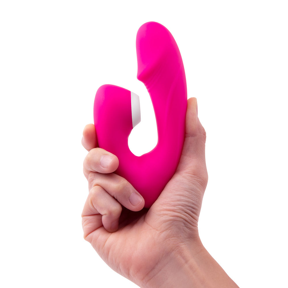 Model demonstrating the flexibility by squeezing the Together Vibes Internal Kisses Remote Controlled Vibrator