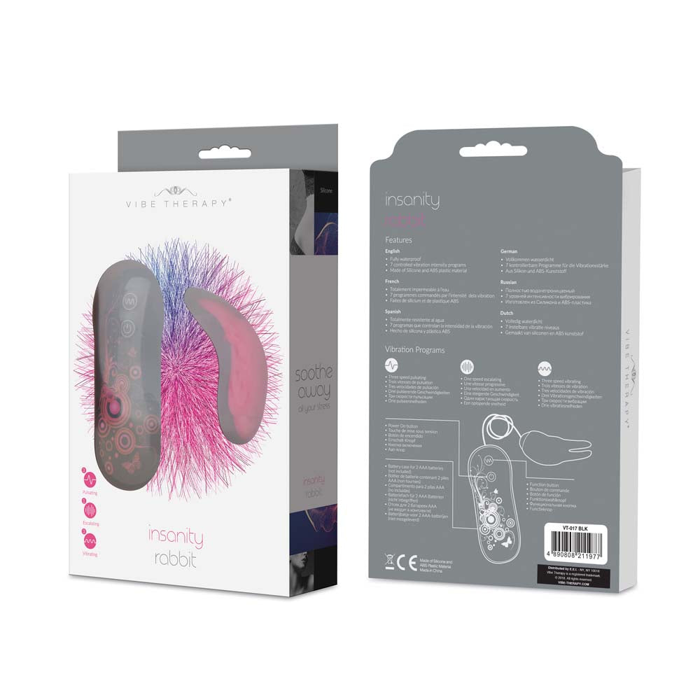 Front and back view of the packaging of the Vibe Therapy - Insanity Rabbit in Pink & Black color