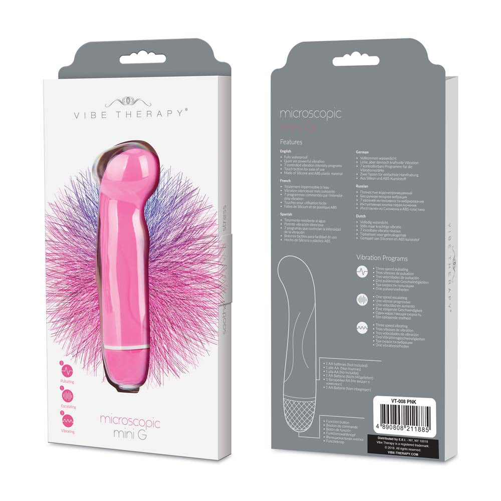 Front and back view of the packaging of the Vibe Therapy - Mini G in Pink color