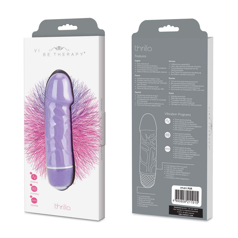 Front and back view of the packaging of the Vibe Therapy - Mini Thrilla in Purple color