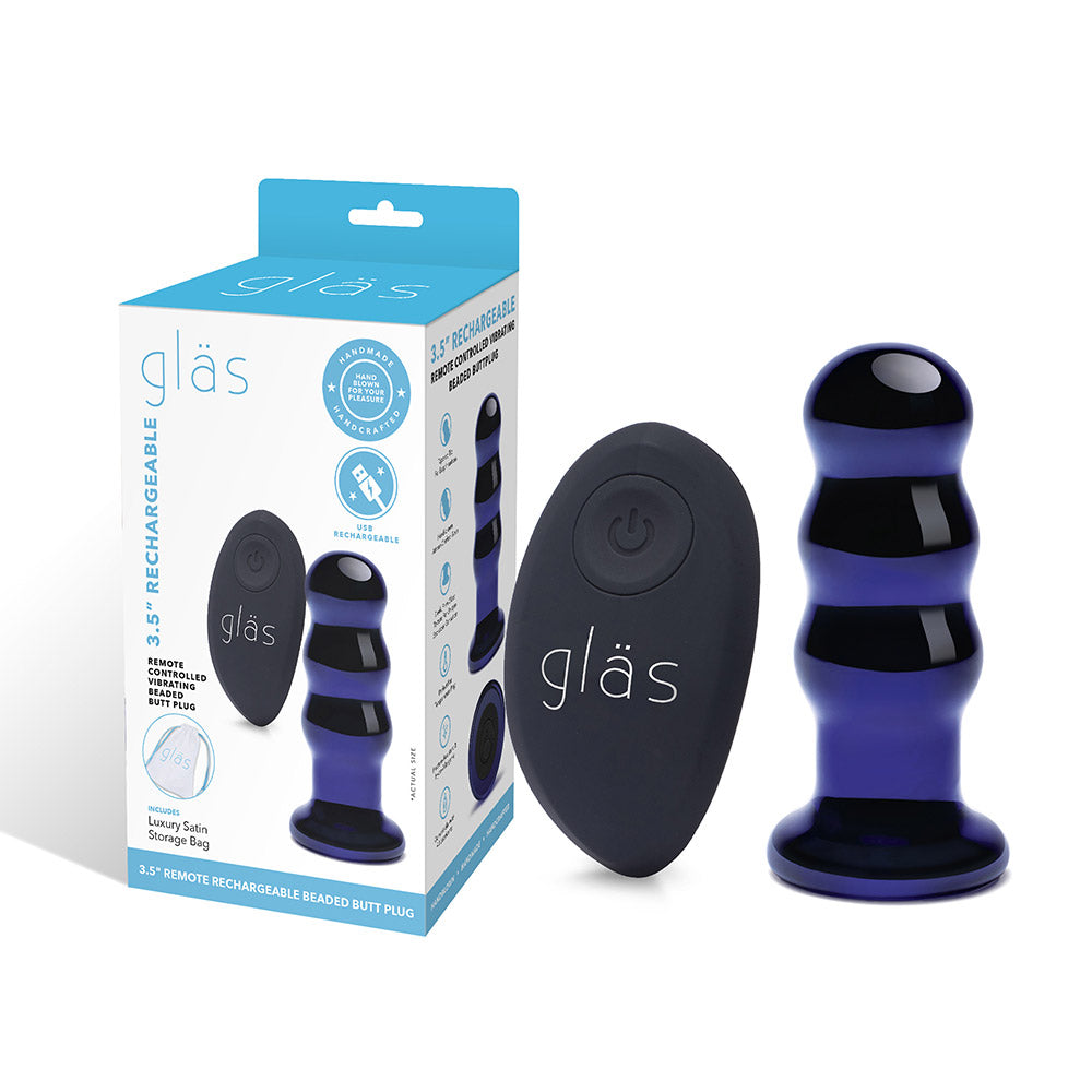 Packaging of the Gläs 3.5 inch Rechargeable Remote Controlled Vibrating Glass Beaded Butt Plug at glastoy.com