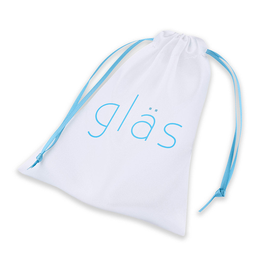 Storage Pouch of the Gläs 4 inch Rechargeable Remote Controlled Vibrating Nubbed G-Spot/P-Spot Glass Butt Plug at glastoy.com