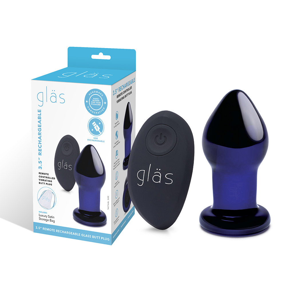 Packaging of the Gläs 3.5 inch Rechargeable Remote Controlled Vibrating Glass Butt Plug at glastoy.com